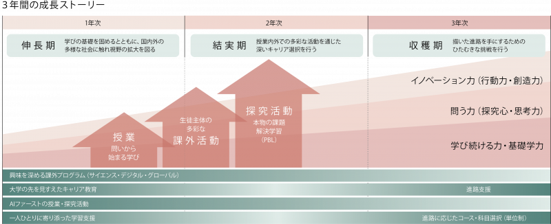 3年間の成長ストーリー（1年次:伸長期、2年次:結実期、3年次:収穫期の力の育ち方を示す図）